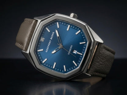 Geoffrey Beene Men’s Octagon Gunmetal Watch 41mm Blue Sunray Dial PU Strap Diamond Accent