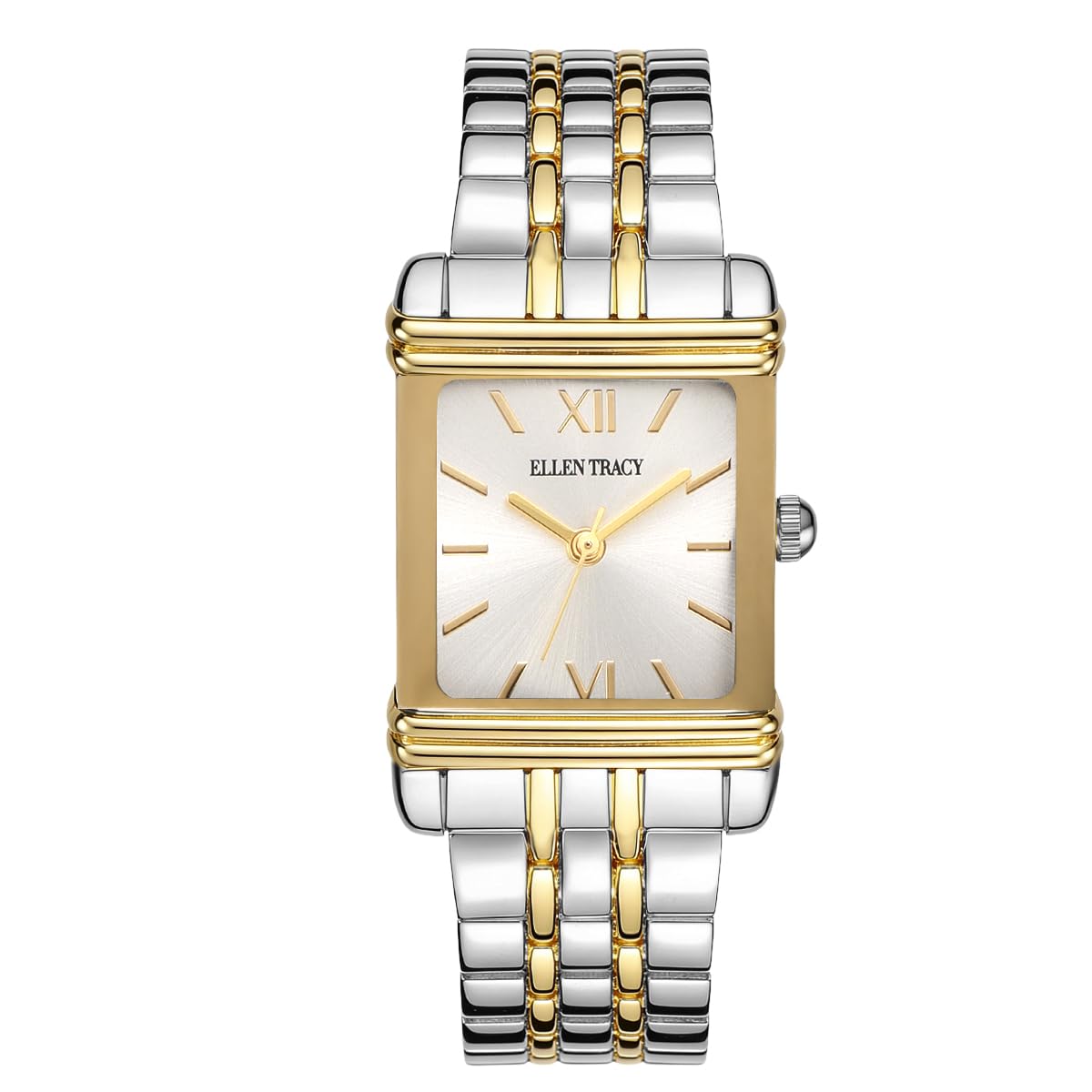 ELLEN TRACY Women's 22mm Rectangle Two Tone Silver/Gold Watch, Silver Dial, Bracelet Band
