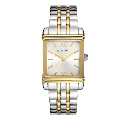 ELLEN TRACY Women's 22mm Rectangle Two Tone Silver/Gold Watch, Silver Dial, Bracelet Band