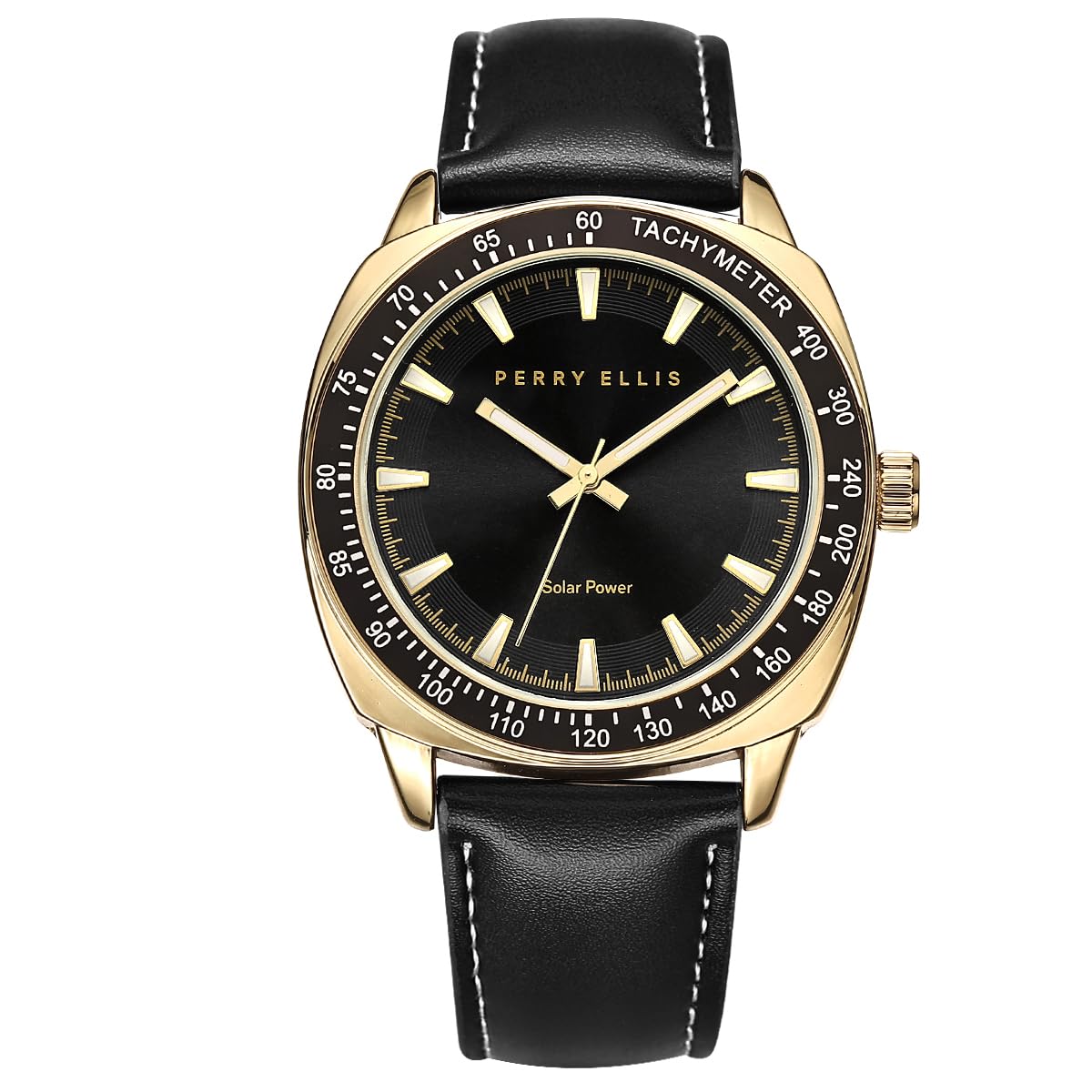 Perry Ellis Solar Powered Men's Watch – Vegan Leather Analog Wrist Watch for Men, Water-Resistant 43mm with Aluminum Tachymeter Bezel, Elegant Gift Choice