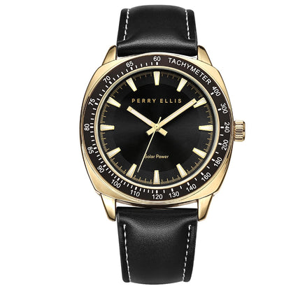 Perry Ellis Solar Powered Men's Watch – Vegan Leather Analog Wrist Watch for Men, Water-Resistant 43mm with Aluminum Tachymeter Bezel, Elegant Gift Choice