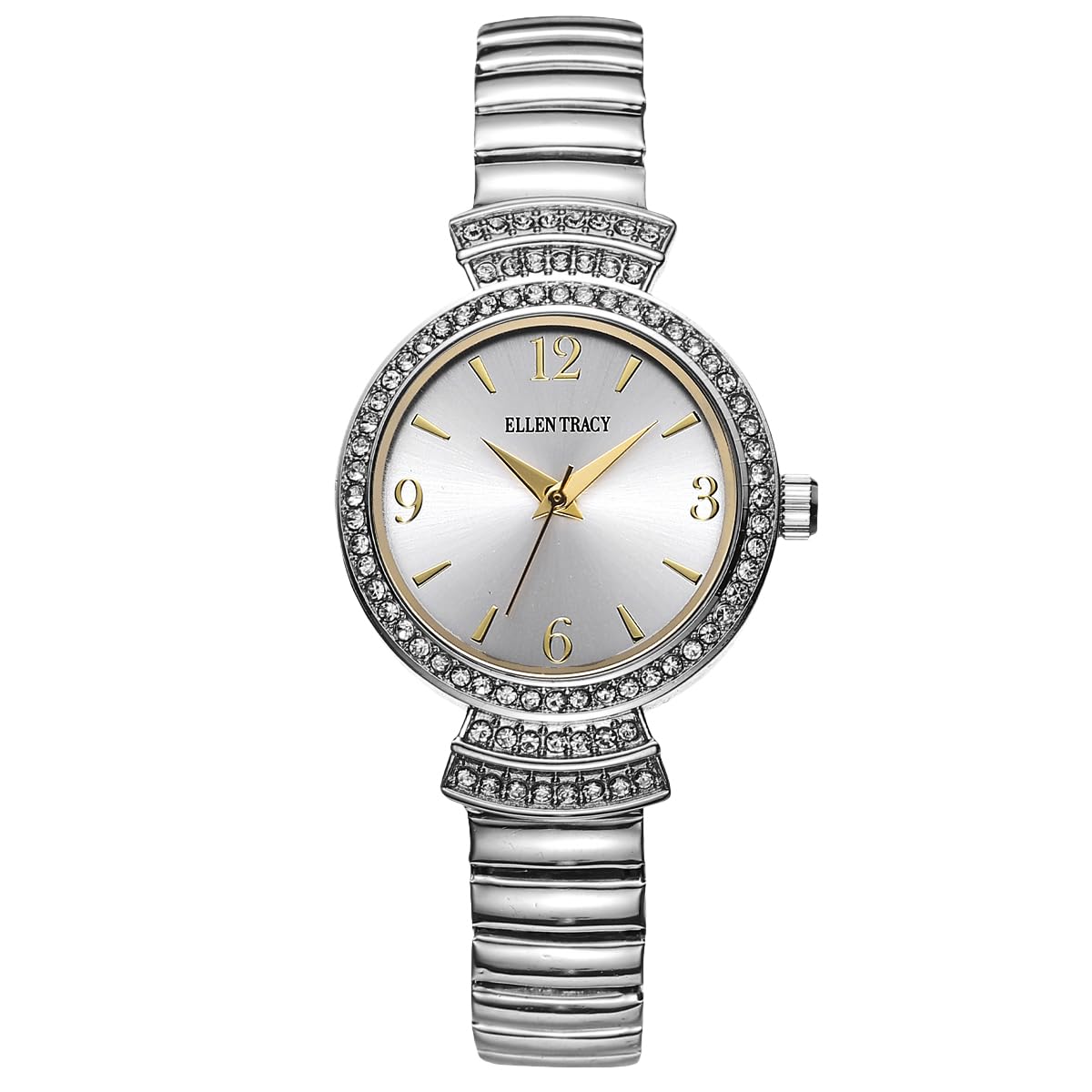 ELLEN TRACY Women's 30mm Round Silvertone Watch, Silver Dial, Crystal Accents, Expansion Band