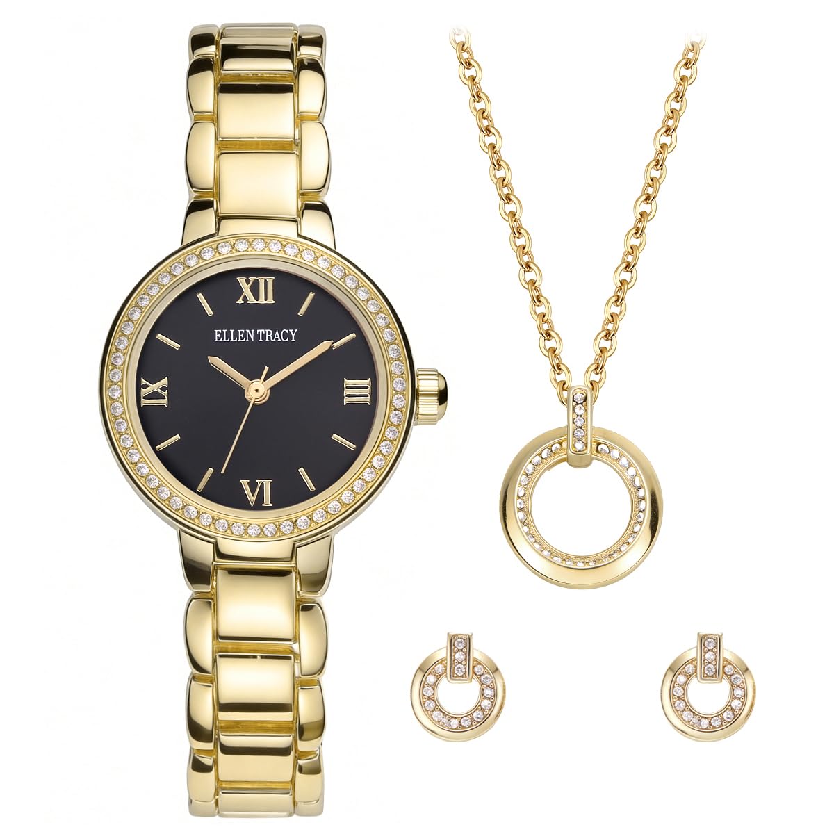 ELLEN TRACY Women's 28mm Round Goldtone Watch and Jewelry Gift Set, Black Dial, Crystal Accents