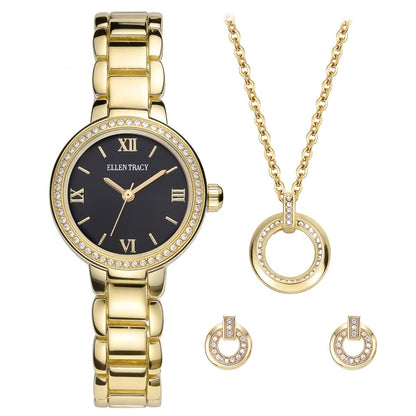 ELLEN TRACY Women's 28mm Round Goldtone Watch and Jewelry Gift Set, Black Dial, Crystal Accents
