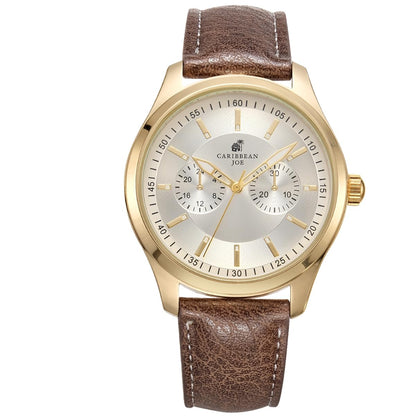 CARIBBEAN JOE Men’s Analog Watch with Silver Sunray Two-Zone Dial, Gold-Tone 41mm Round Case, Decorative Subdials, Brown Vegan Leather Strap, Quartz Movement, Casual Dress Wrist Watch