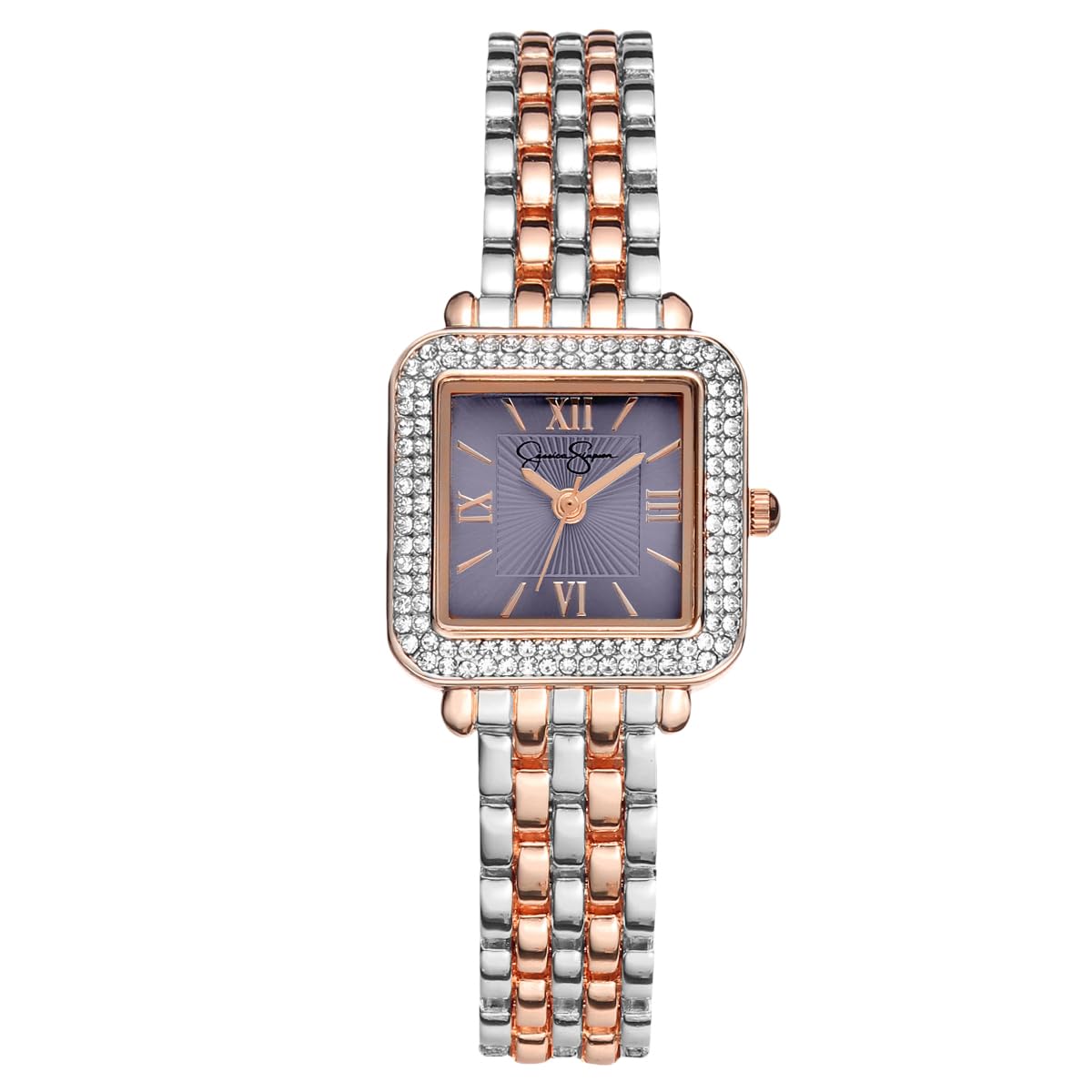 Jessica Simpson Women’s Square Silver Watch 23.5mm Lavender Dial Crystal Bezel Bracelet