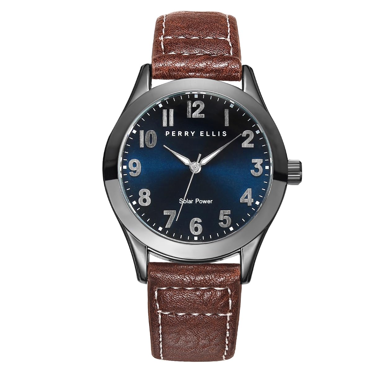 Perry Ellis Solar Men’s Watch –Black Round Sunray Dial, Black Leather Strap, Water-Resistant Analog