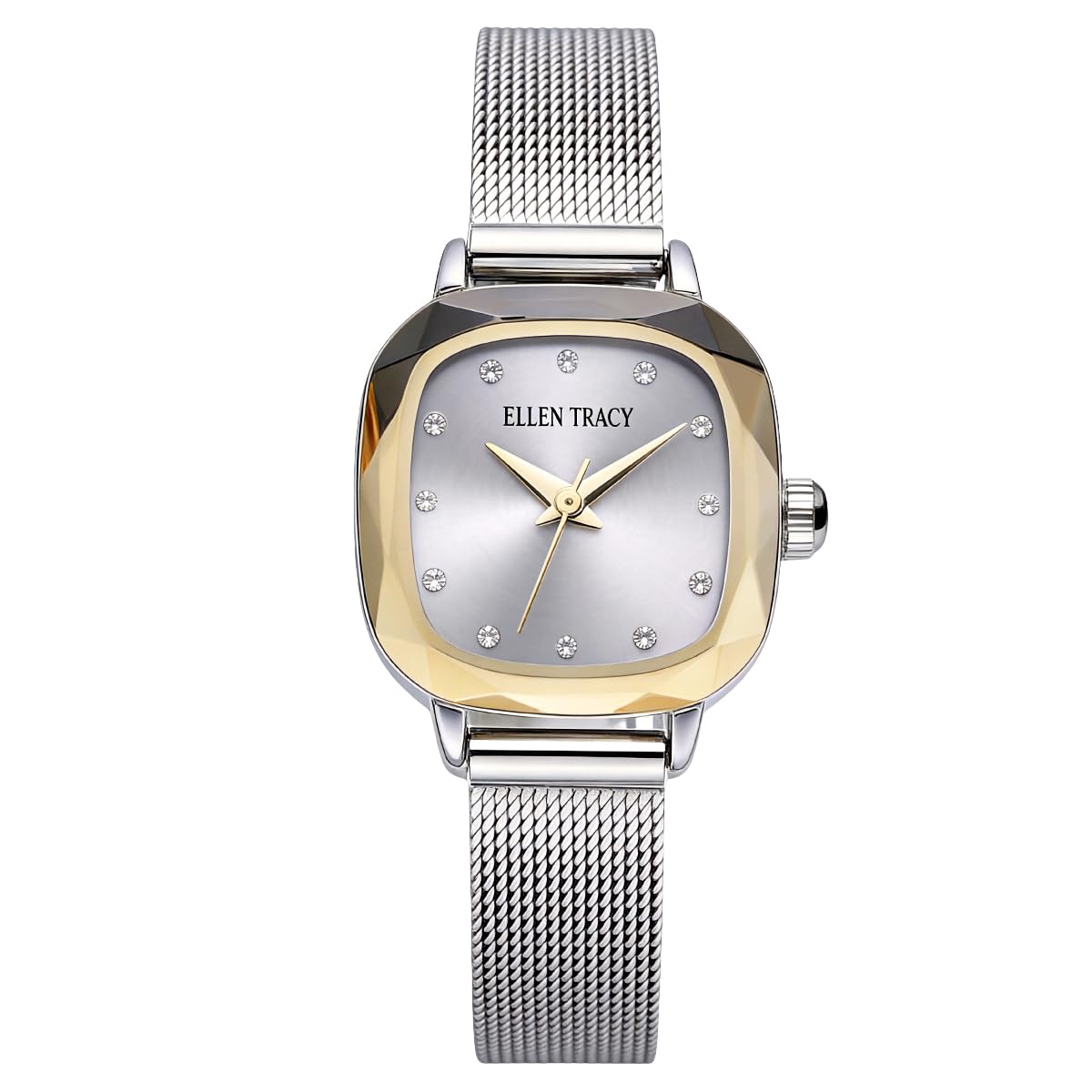 ELLEN TRACY Women's 22.5mm Cushion Two Tone Silver/Gold Watch, Silver Dial, Crystal Accents, Mesh Band