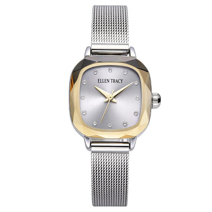 ELLEN TRACY Women's 22.5mm Cushion Two Tone Silver/Gold Watch, Silver Dial, Crystal Accents, Mesh Band