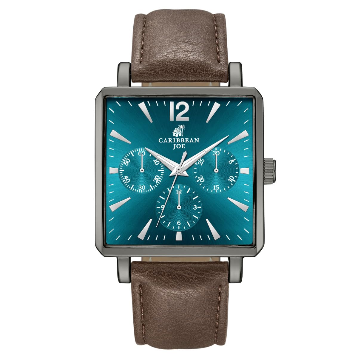 CARIBBEAN JOE Men’s Watch, 38mm Cushion Case, Light Gunmetal, Teal Green Sunray Dial, Decorative Dial Markers, Dark Brown PU Strap