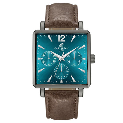 CARIBBEAN JOE Men’s Watch, 38mm Cushion Case, Light Gunmetal, Teal Green Sunray Dial, Decorative Dial Markers, Dark Brown PU Strap