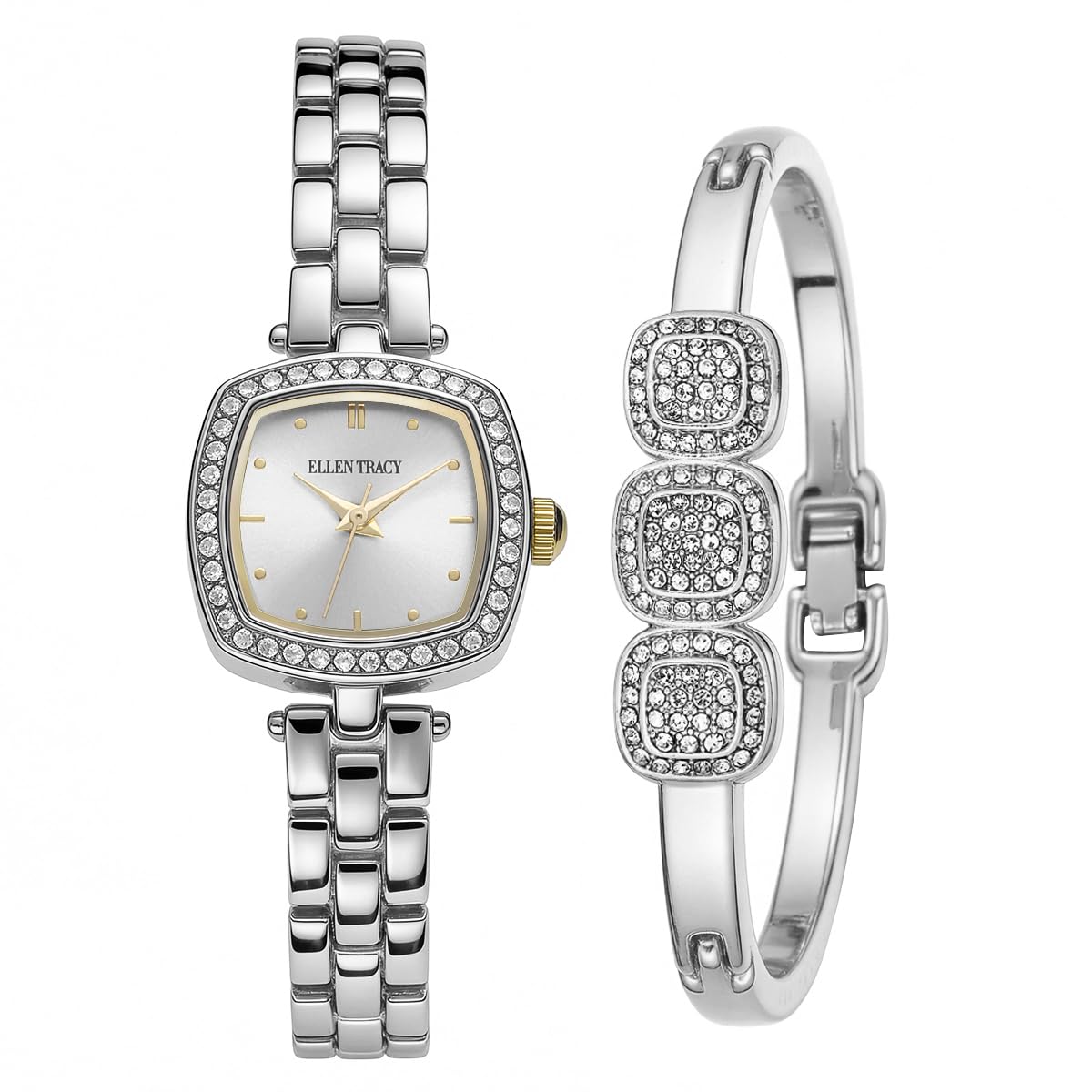 ELLEN TRACY Women's 22mm Cushion Silvertone Watch and Bangle Gift Set, Silver Dial, Crystal Accents