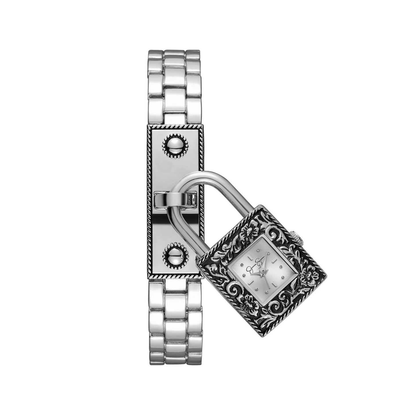 Jessica Simpson Locket Charm Watch for Women - Gold Bracelet, 20mm Square Case, Analog Quartz Movement, Adjustable Metal Band, Gift Box Included (Gold)