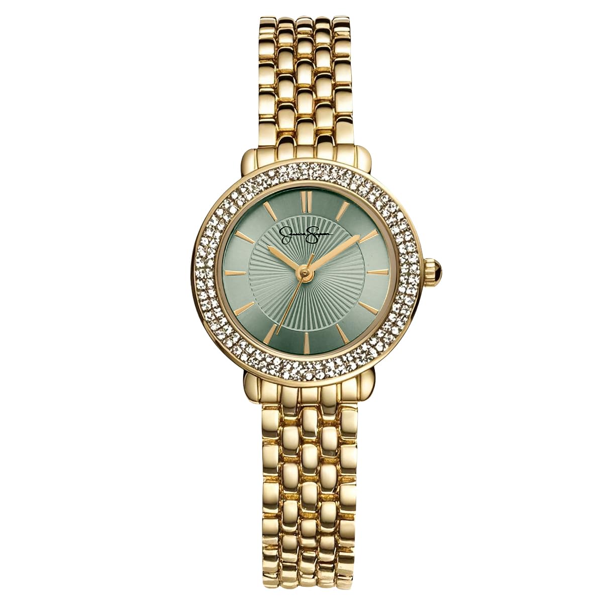 Jessica Simpson Women’s Round Gold Watch 28.5mm Green Dial Crystal Bezel Bracelet