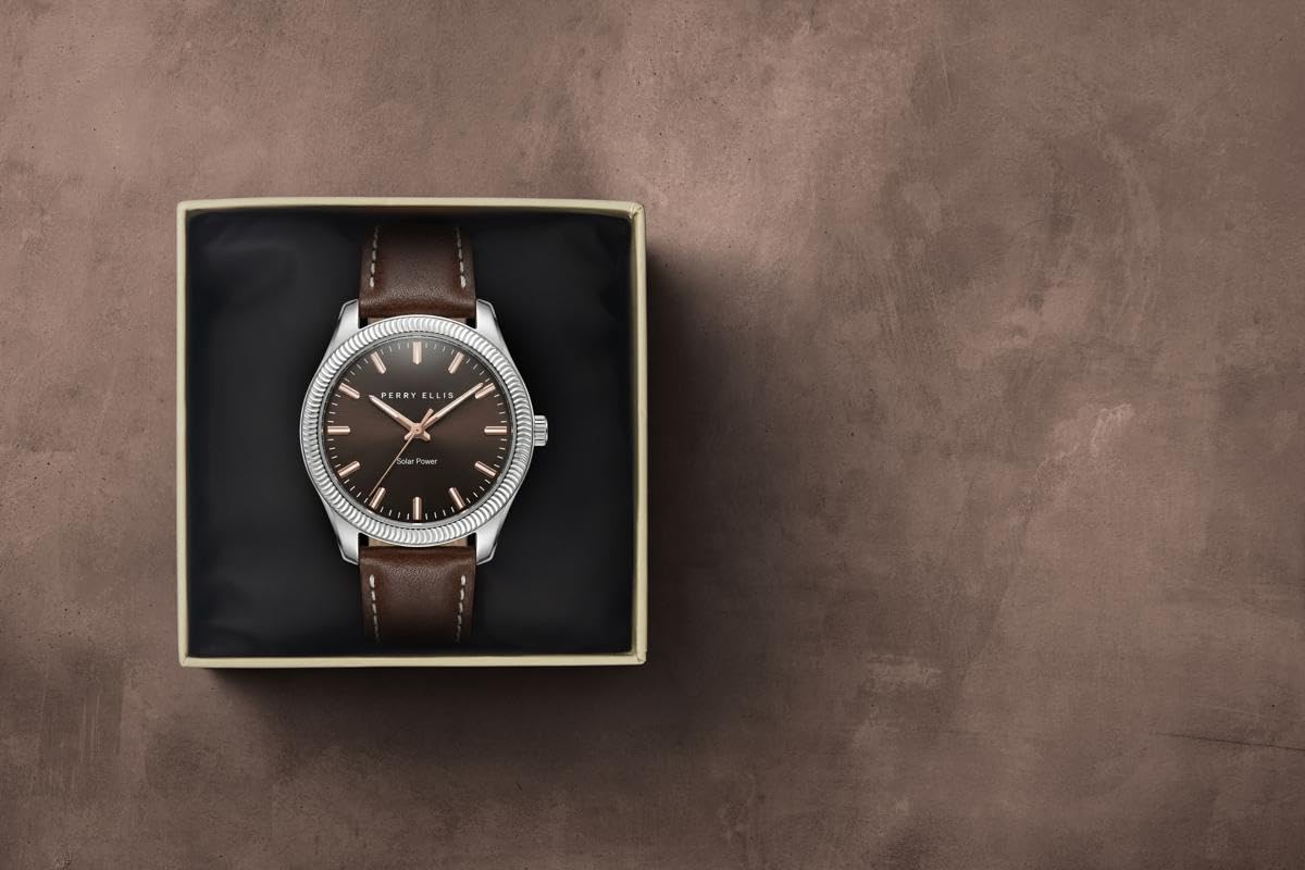 Perry Ellis Men's Solar Watch – Round Silver-Tone, Dark Brown Sunray Dial with Rose Gold Luminous Hands, Adjustable Brown Leather Strap, Water Resistant 3ATM, Quartz Analog Fashion Accessory