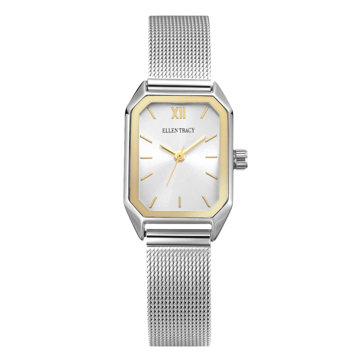 ELLEN TRACY Women's 20mm Rectangle Silvertone Watch, Silver Dial, Mesh Band