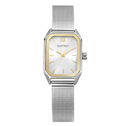 ELLEN TRACY Women's 20mm Rectangle Silvertone Watch, Silver Dial, Mesh Band