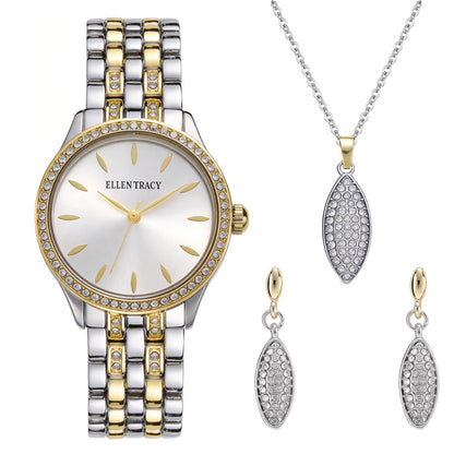 ELLEN TRACY Women's 32mm Round Two Tone Silver/Gold Watch and Jewelry Gift Set, White Dial, Crystal Accents