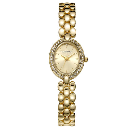 ELLEN TRACY Women's 20mm Oval Goldtone Watch, Gold Dial, Crystal Accents, Bracelet Band