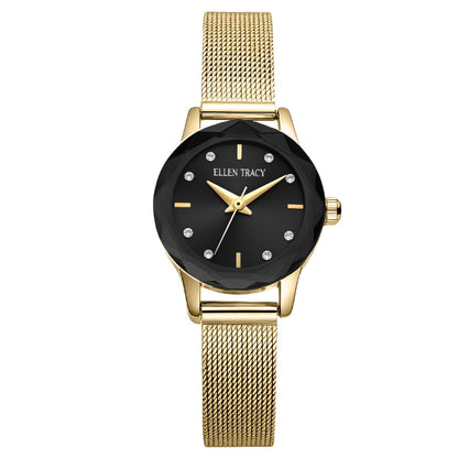 ELLEN TRACY Women's 22mm Round Goldtone Watch, Black Dial, Crystal Accents, Mesh Band