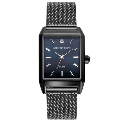 Geoffrey Beene Men’s Rectangular Gunmetal Watch 33mm Blue Sunray Dial Mesh Bracelet Diamond Accent