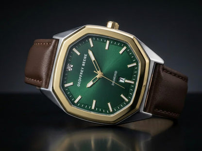 Geoffrey Beene Men’s Octagon Two Tone Watch 41mm Green Sunray Dial PU Strap Diamond Accent