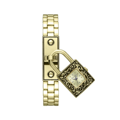 Jessica Simpson Locket Charm Watch for Women - Gold Bracelet, 20mm Square Case, Analog Quartz Movement, Adjustable Metal Band, Gift Box Included (Gold)