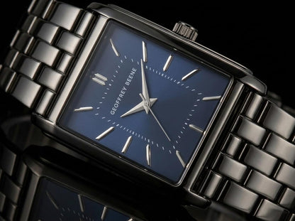 Geoffrey Beene Men’s Watch Set Rectangular Gunmetal 31mm Blue Sunray Dial Strap & Bracelet