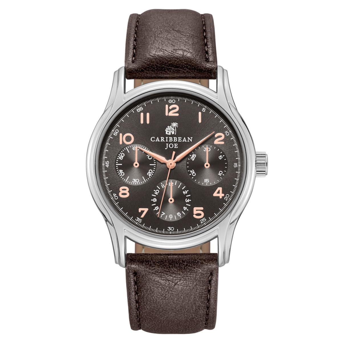 CARIBBEAN JOE Men’s Watch, 41mm Round Case, Silvertone, Dark Brown Sunray Dial, Rose Gold Arabic Markers, Decorative Dial Markers, Dark Brown PU Strap