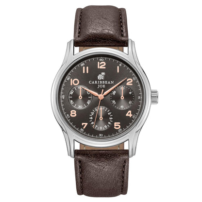 CARIBBEAN JOE Men’s Watch, 41mm Round Case, Silvertone, Dark Brown Sunray Dial, Rose Gold Arabic Markers, Decorative Dial Markers, Dark Brown PU Strap
