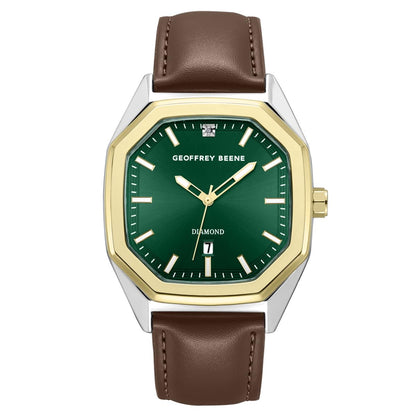 Geoffrey Beene Men’s Octagon Two Tone Watch 41mm Green Sunray Dial PU Strap Diamond Accent