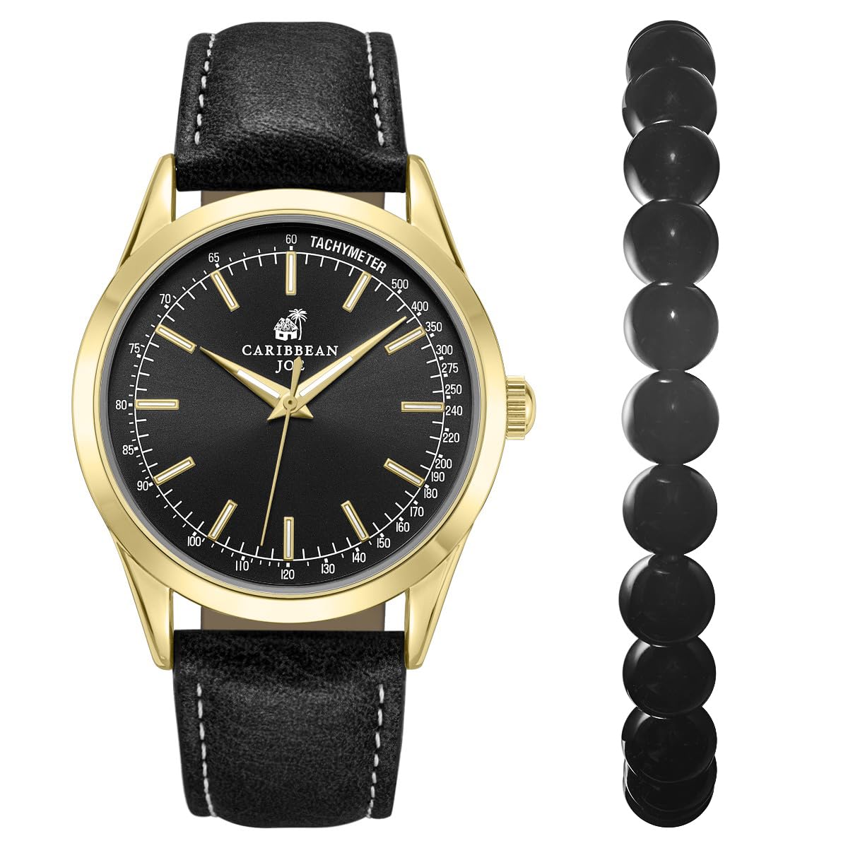 CARIBBEAN JOE Men’s Watch & Onyx Beaded Bracelet Set – 41mm Gold-Tone Case, Black Sunray Dial, Luminous Gold-Tone Bar Markers, Black PU Strap, 8mm Natural Stone 8” Bracelet
