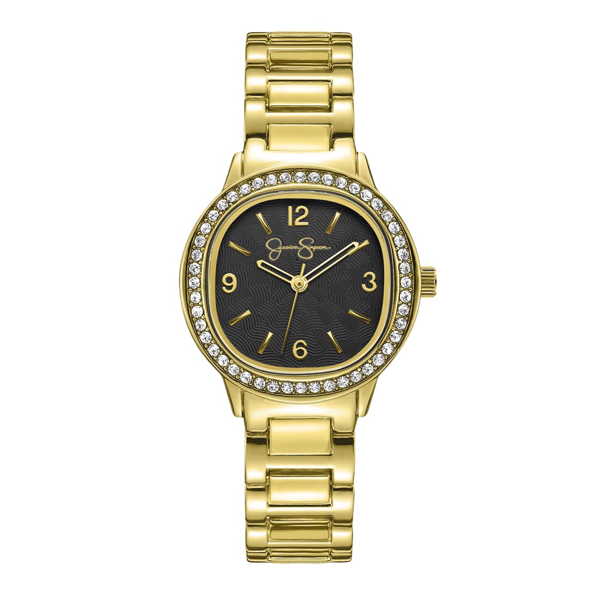 Jessica Simpson Women’s Round Gold Watch 30mm Black Dial Crystal Bezel