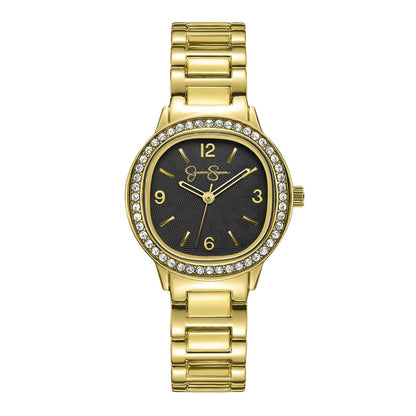 Jessica Simpson Women’s Round Gold Watch 30mm Black Dial Crystal Bezel