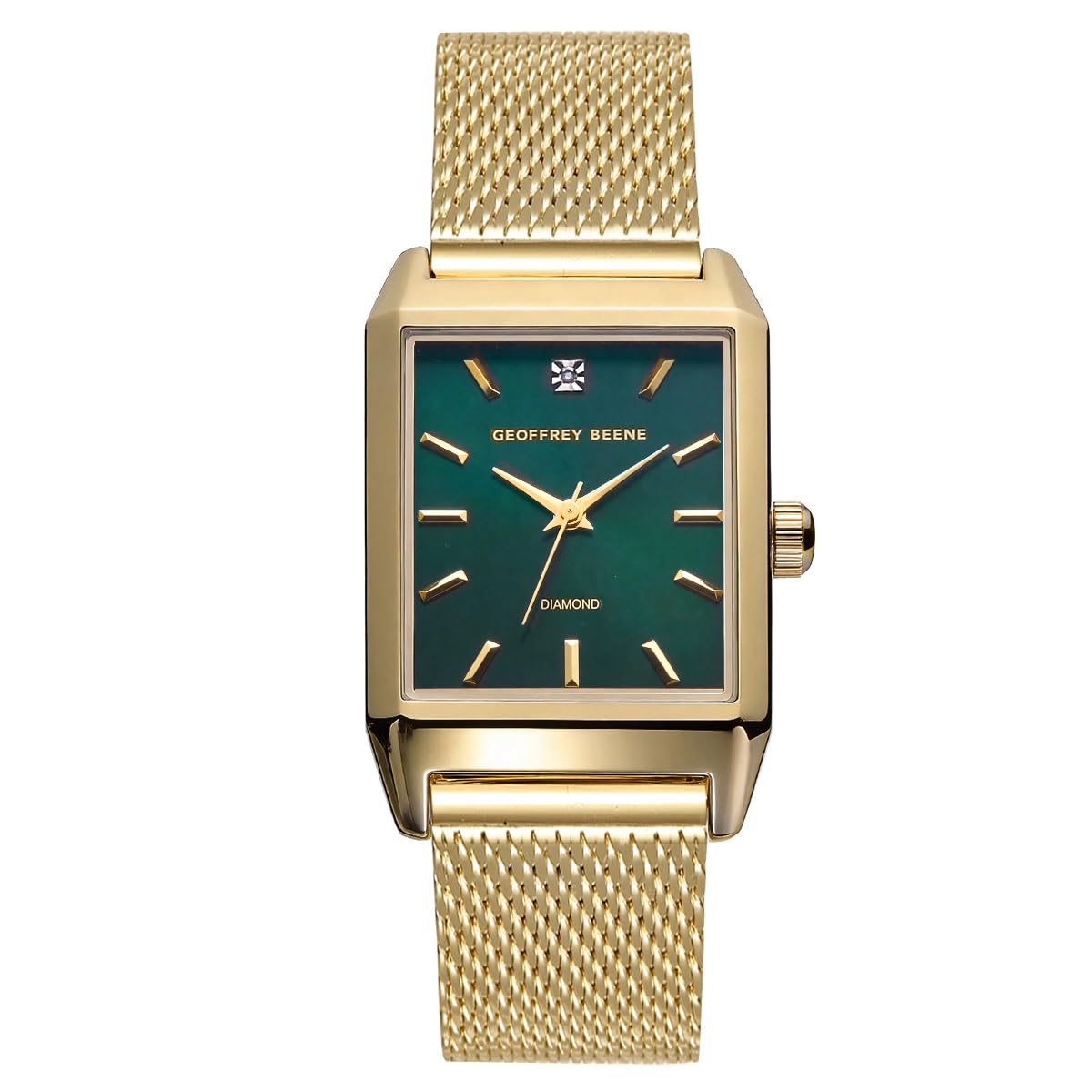Geoffrey Beene Men’s Rectangular Gold Watch 33mm Green Sunray Dial Mesh Bracelet Diamond Accent