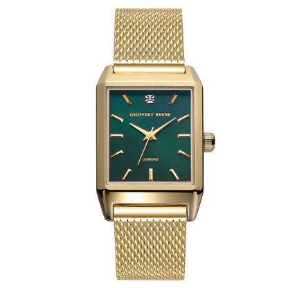 Geoffrey Beene Men’s Rectangular Gold Watch 33mm Green Sunray Dial Mesh Bracelet Diamond Accent