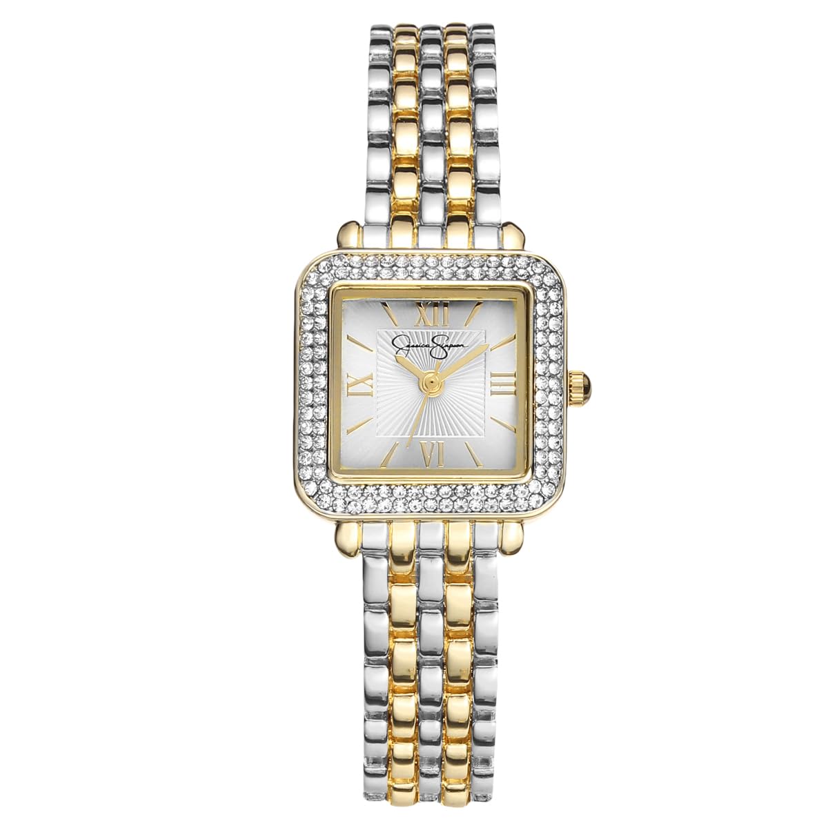 Jessica Simpson Women’s Square Gold Two Tone Watch 23.5mm Silver Dial Crystal Bezel Bracelet