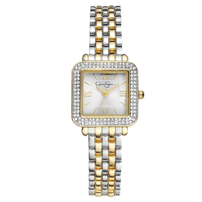 Jessica Simpson Women’s Square Gold Two Tone Watch 23.5mm Silver Dial Crystal Bezel Bracelet