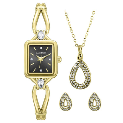 ELLEN TRACY Women's 20mm Rectangle Goldtone Watch and Jewelry Gift Set, Black Dial, Crystal Accents