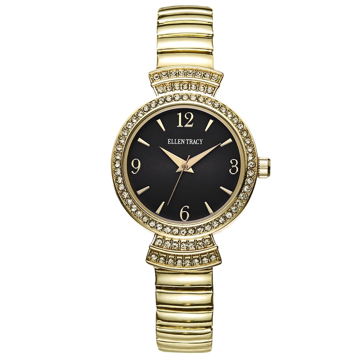 ELLEN TRACY Women's 30mm Round Goldtone Watch, Black Dial, Crystal Accents, Expansion Band
