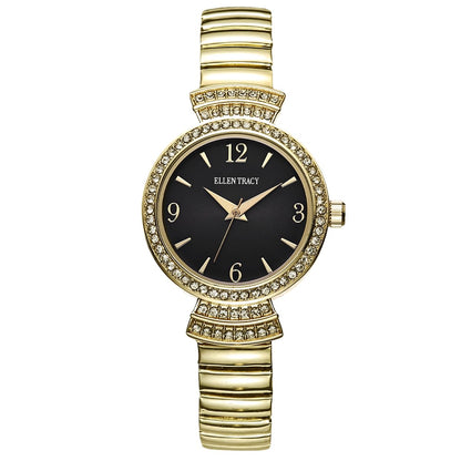 ELLEN TRACY Women's 30mm Round Goldtone Watch, Black Dial, Crystal Accents, Expansion Band