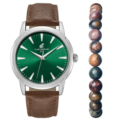 CARIBBEAN JOE Men’s Watch & Red Creek Jasper Beaded Bracelet Set – 41mm Silver-Tone Case, Green Sunray Dial, Luminous Markers, Brown PU Strap, 8mm Natural Stone 8” Bracelet