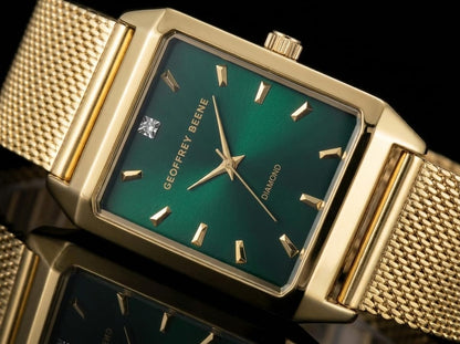 Geoffrey Beene Men’s Rectangular Gold Watch 33mm Green Sunray Dial Mesh Bracelet Diamond Accent