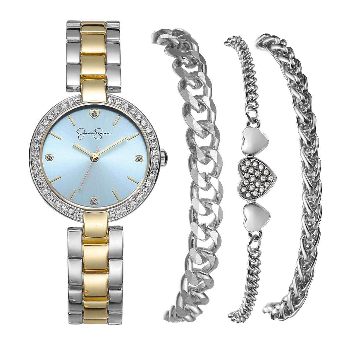 Jessica Simpson Women’s Watch Set Two Tone 33mm Blue Dial Bracelet Set