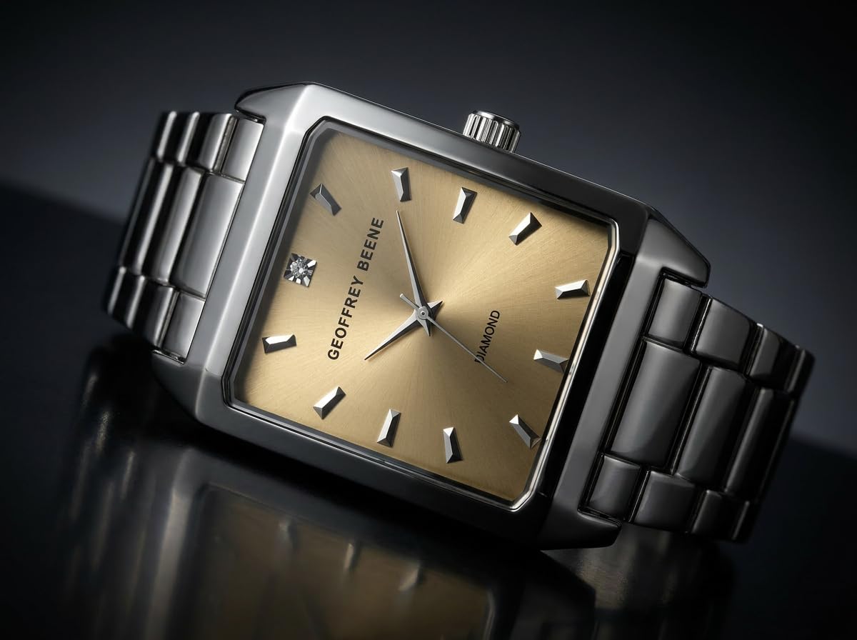 Geoffrey Beene Men’s Rectangular Silver Watch 34mm Brown Sunray Dial Bracelet Diamond Accent