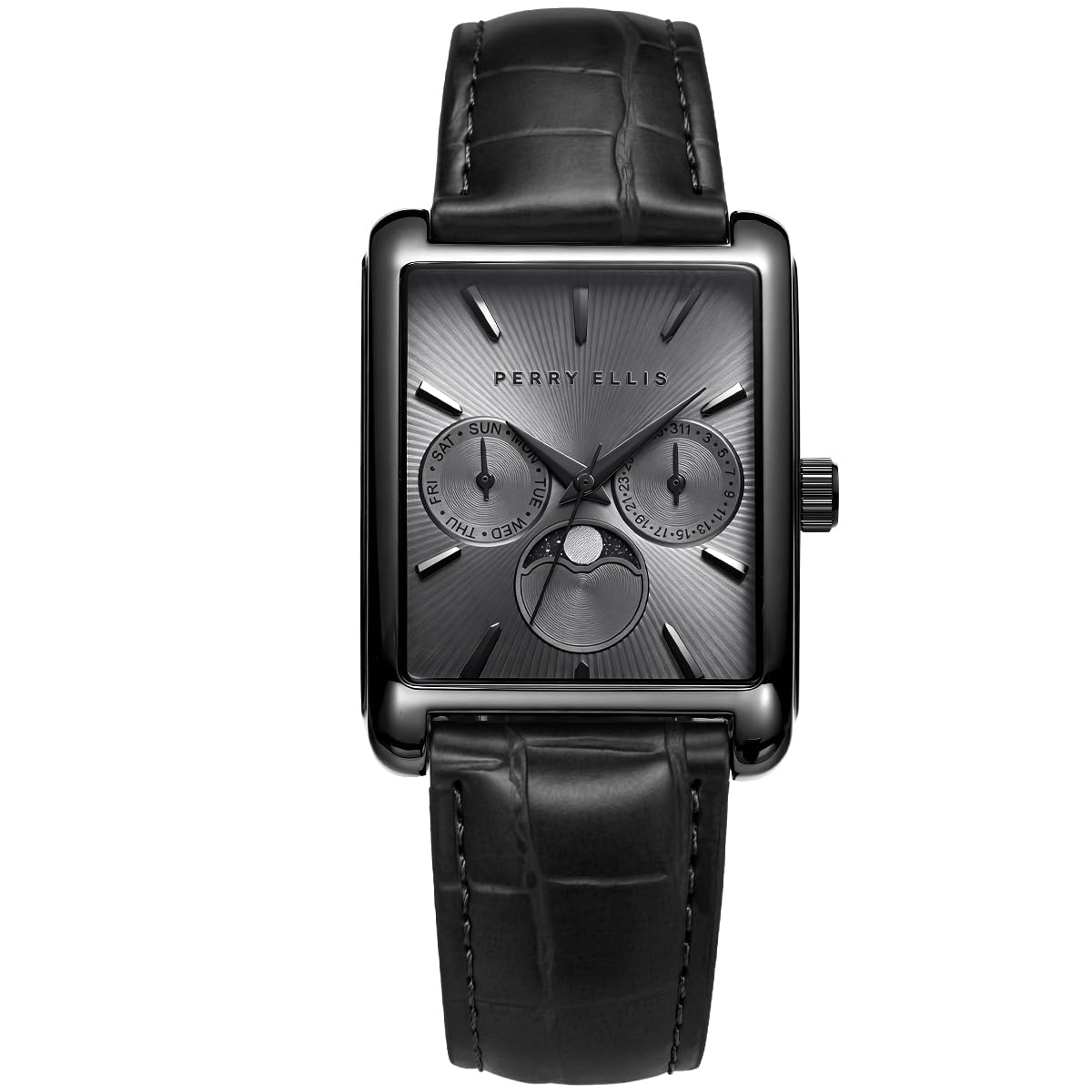 Perry Ellis Men's Rectangular Moonphase Watch, Textured Dial, PU Strap
