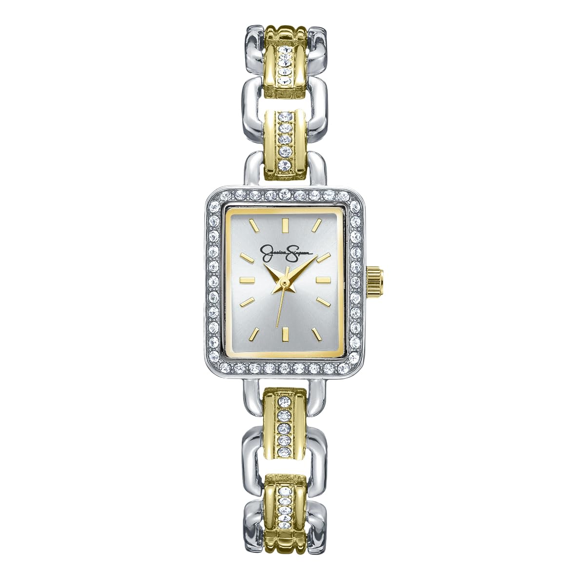 Jessica Simpson Women’s Rectangular Two Tone Watch 20mm Silver Sunray Dial Crystal Bracelet