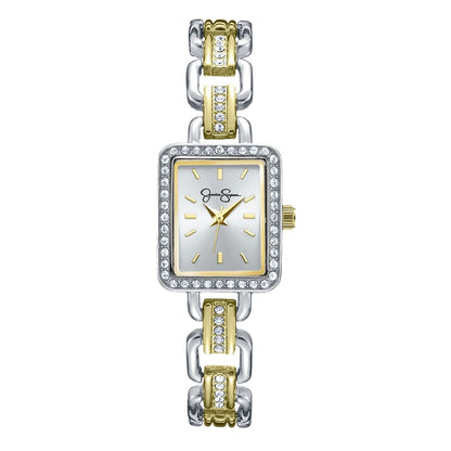Jessica Simpson Women’s Rectangular Two Tone Watch 20mm Silver Sunray Dial Crystal Bracelet