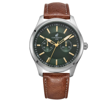 CARIBBEAN JOE Men’s Analog Watch with Silver Sunray Two-Zone Dial, Gold-Tone 41mm Round Case, Decorative Subdials, Brown Vegan Leather Strap, Quartz Movement, Casual Dress Wrist Watch