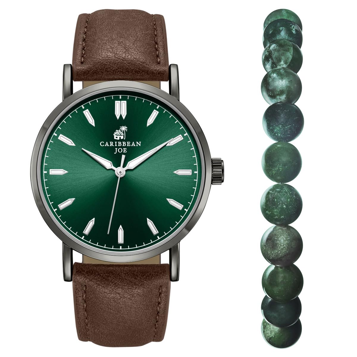 CARIBBEAN JOE Men’s Watch & Moss Agate Beaded Bracelet Set – 41mm Light Gun Metal Case, Green Sunray Dial, Luminous Silver-Tone Markers, Brown PU Strap, 8mm Natural Stone 8” Bracelet